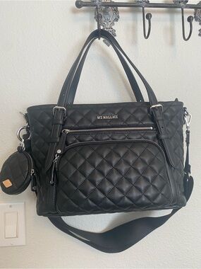 MZ Wallace Quilted Black Leather Tote with Detachable Strap and Coin Pouch